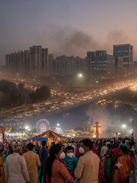 Indian family wearing protective masks amid Gurugram air pollution and Dussehra fireworks, highlighting respiratory health risks during the festive season