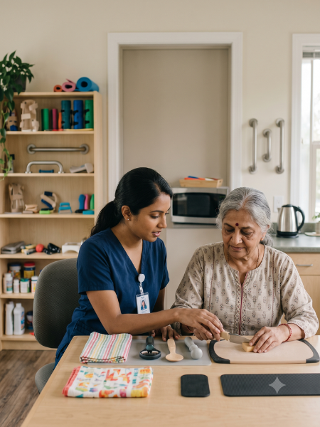 Occupational therapist helping an arthritis patient improve hand mobility and daily activities