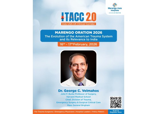 Conference announcement featuring Dr. George C. Velmahos speaking on the evolution of the American trauma system and its relevance to India at a global trauma care event in February 2026.