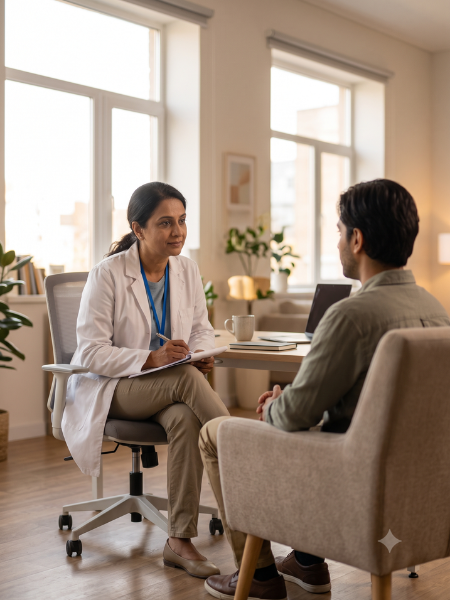 Woman discussing anxiety symptoms and mental health concerns with a psychiatrist at Sunshine Global Hospital, Surat