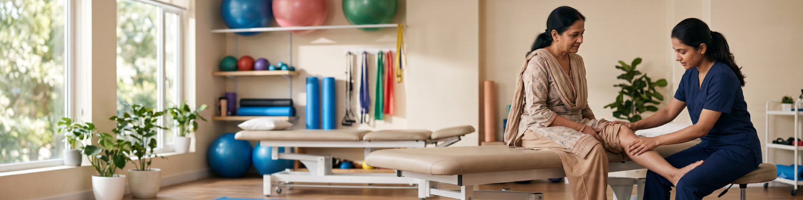 Physiotherapist helping a patient with knee pain through rehabilitation and strengthening exercises