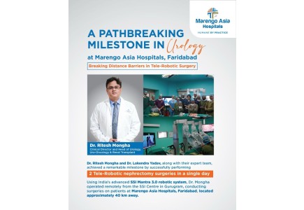 Tele-robotic nephrectomy surgery performed using the SSI Mantra 3.0 system, connecting surgeons in Gurugram with patients at Marengo Asia Hospitals, Faridabad.