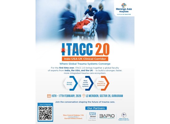 Global trauma and emergency care conference banner highlighting ITACC 2.0, international faculty collaboration, and event details at Le Meridien Gurugram, February 16–17, 2026.