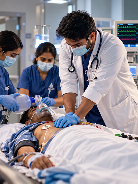 Doctors providing urgent emergency critical care to a patient