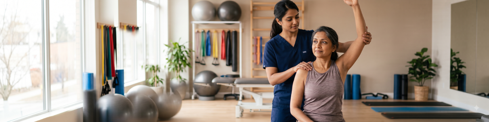 Physiotherapist guiding shoulder mobility exercises for frozen shoulder recovery