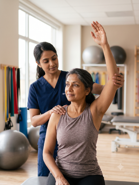 Physiotherapist guiding shoulder mobility exercises for frozen shoulder recovery