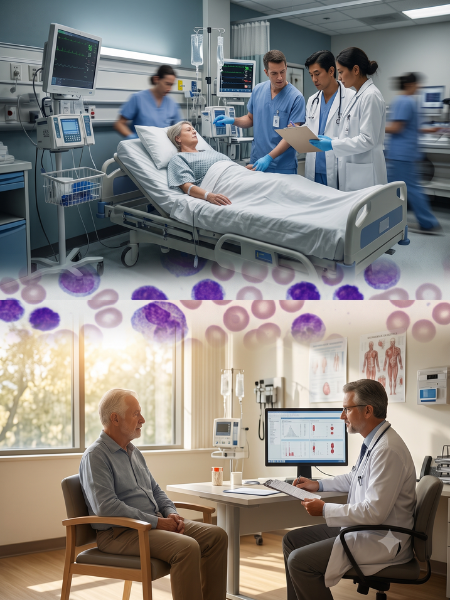 Doctor explaining leukemia diagnosis, blood cell abnormalities, and treatment options to a patient